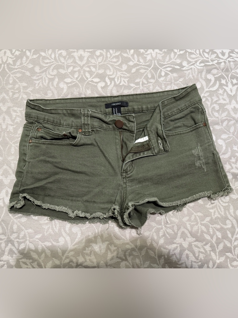 Forever 21 Olive Green Distressed Denim Shortalls